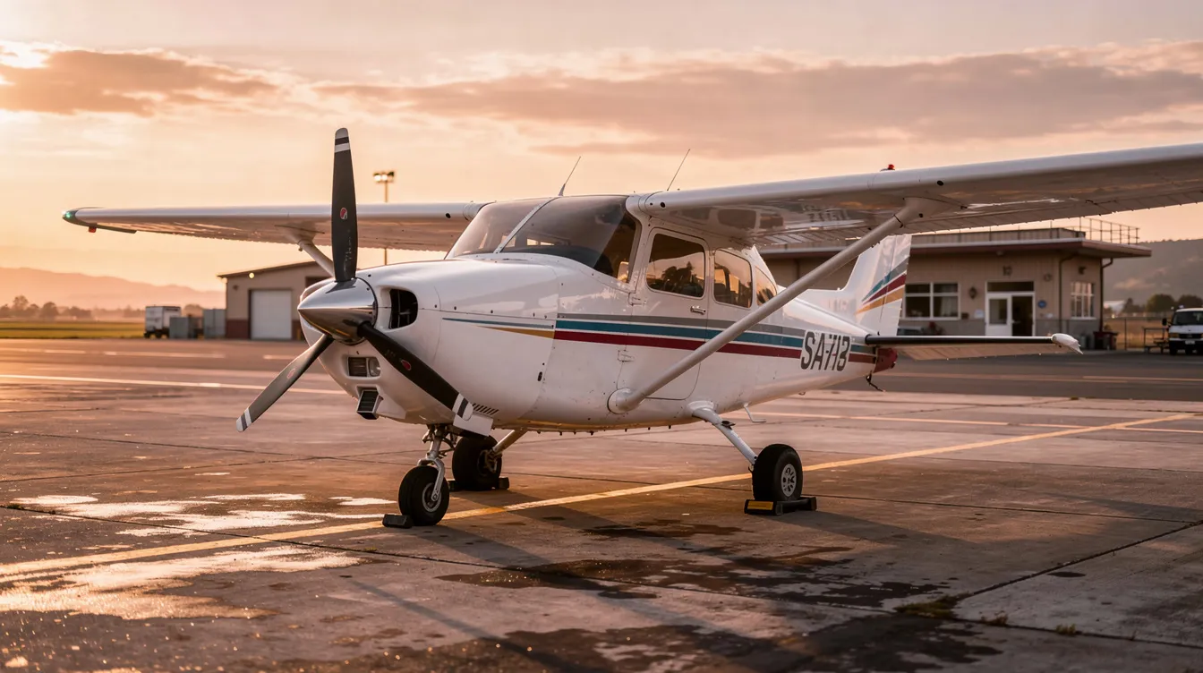 A single-engine piston airplane is parked on the ramp of a small regional airport during golden hour, casting a warm glow over its sleek design. This light aircraft, ideal for personal use and pilot training, showcases modern avionics and efficient performance, making it a popular choice among aircraft owners.