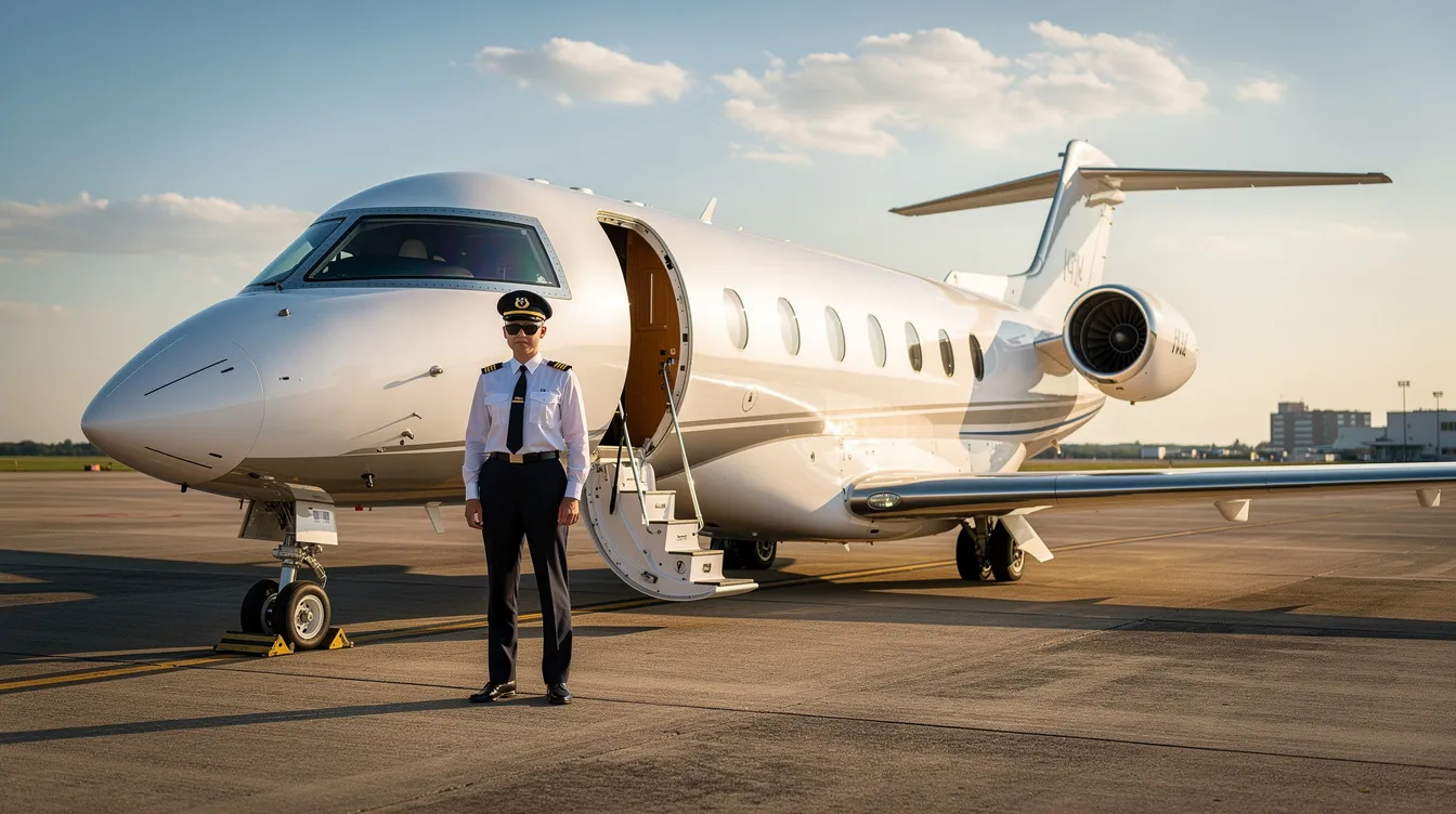 A sleek private jet is parked on a sunny tarmac, with a pilot standing nearby, ready for the next flight. The image captures the essence of private aviation, highlighting the efficiency and luxury associated with private jets.