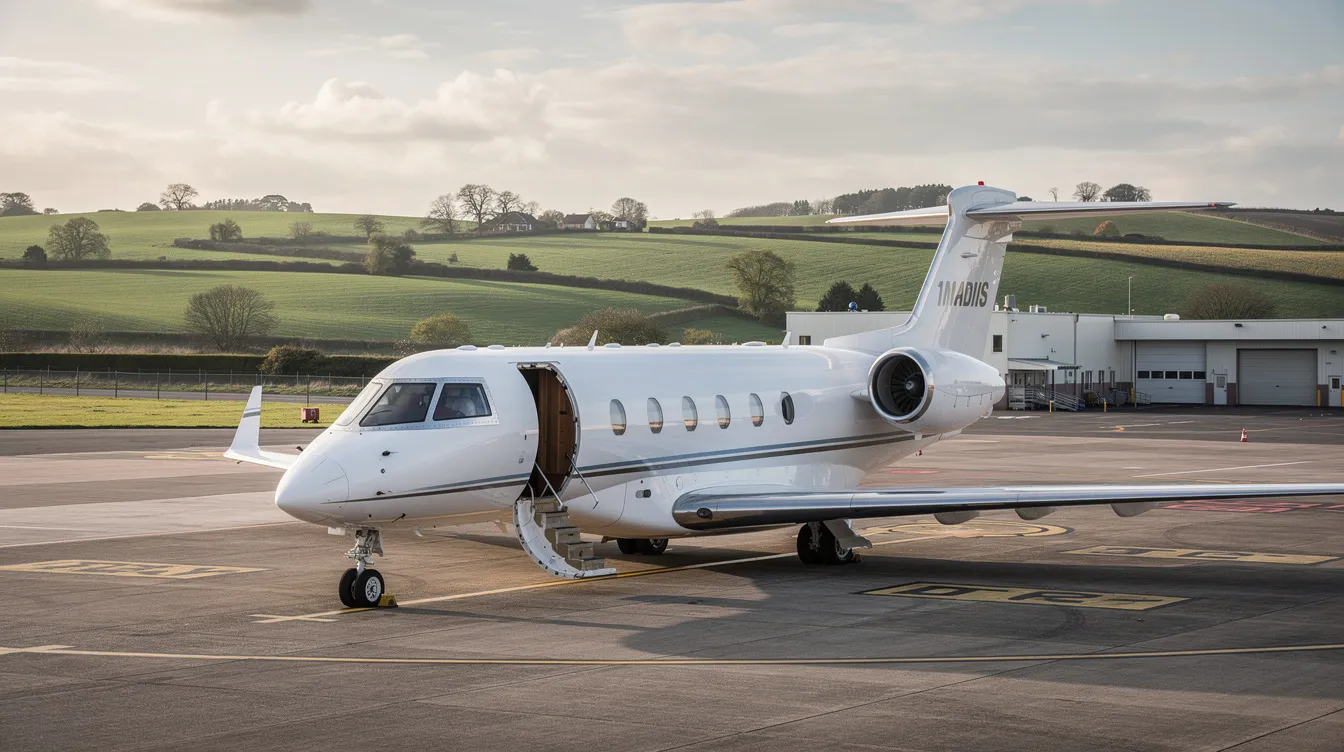 A sleek private jet is parked on the tarmac of a small regional airport, surrounded by the lush green English countryside. This image captures the essence of luxury travel, highlighting the jet cost in relation to the picturesque setting, perfect for those seeking the best deals on flight tickets.