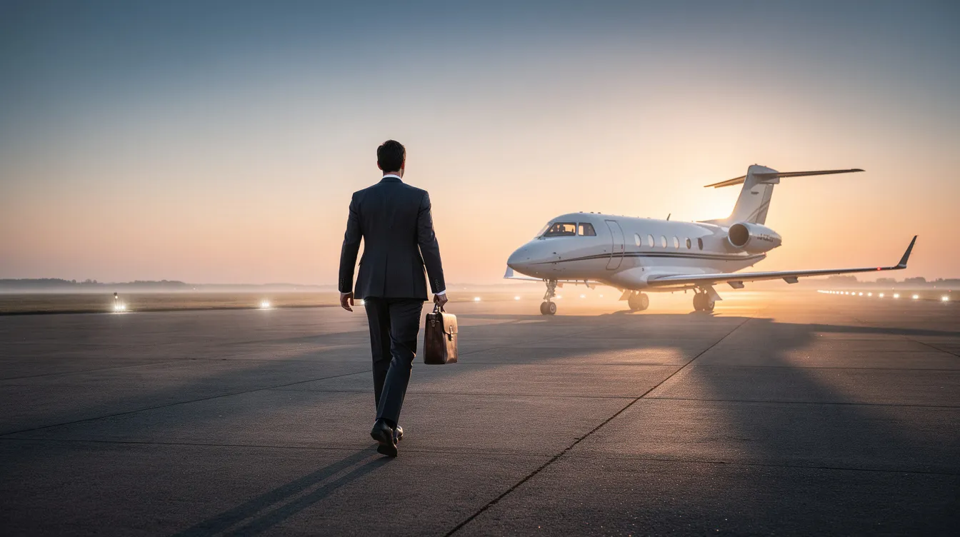 A business professional strides confidently toward a sleek private jet on a runway at dawn, symbolizing the luxury and convenience of private jet travel. The scene captures the essence of private aviation, highlighting the accessibility and exclusivity of private jet charter services.