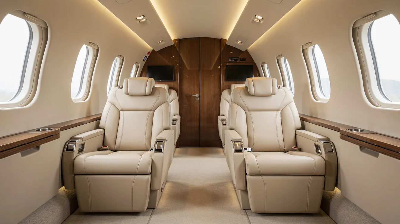 The image showcases the interior of a midsize private jet cabin, featuring plush cream leather seats complemented by elegant wood accents, creating a luxurious atmosphere ideal for private jet travel. This inviting space highlights the comfort and sophistication associated with private jet charter services.