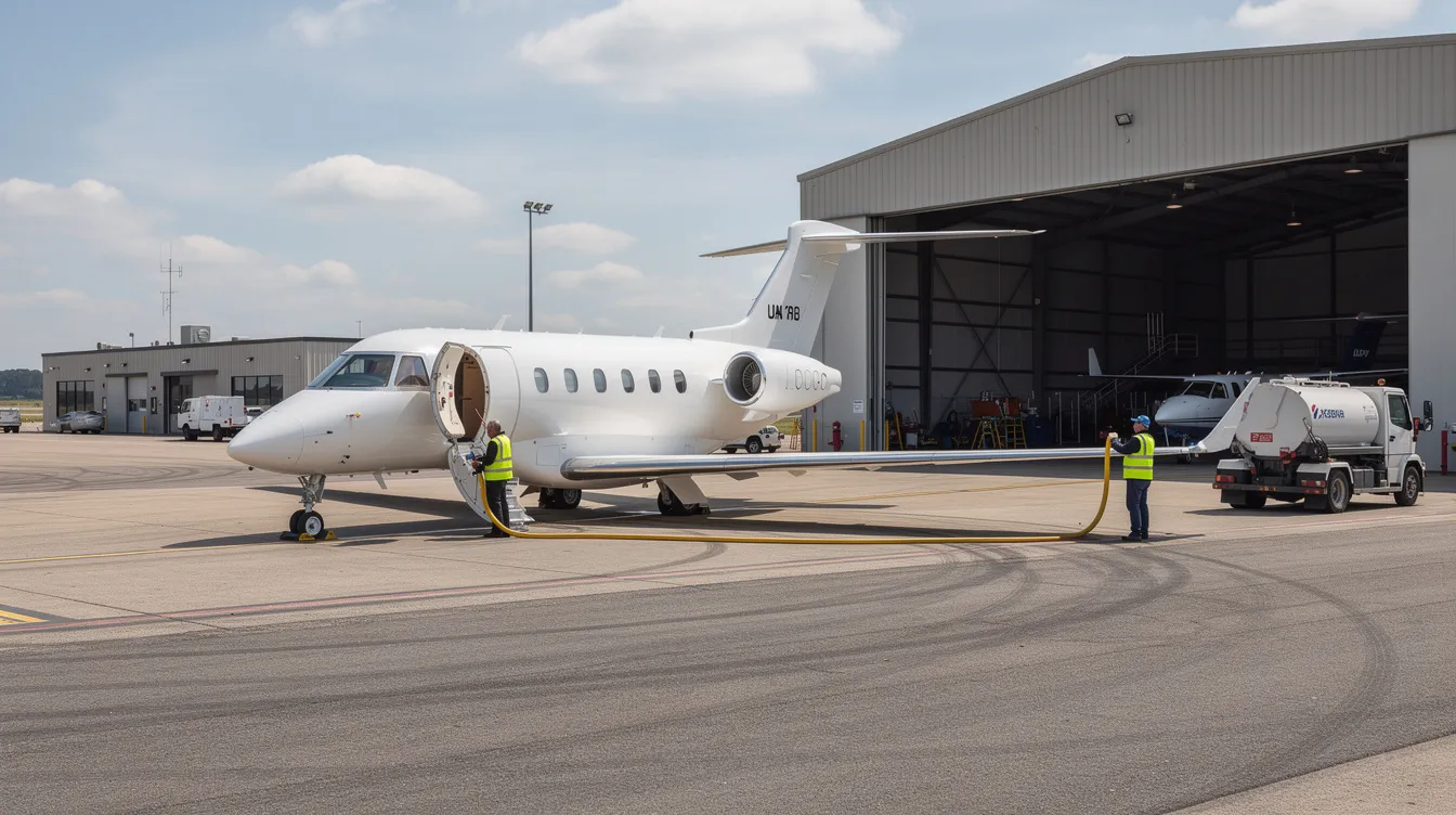The image depicts a small regional airport where a private jet is being fueled next to an open hangar, highlighting the accessibility of private aviation services. This scene underscores the convenience of private jet travel and the operational aspects of private jet rental.