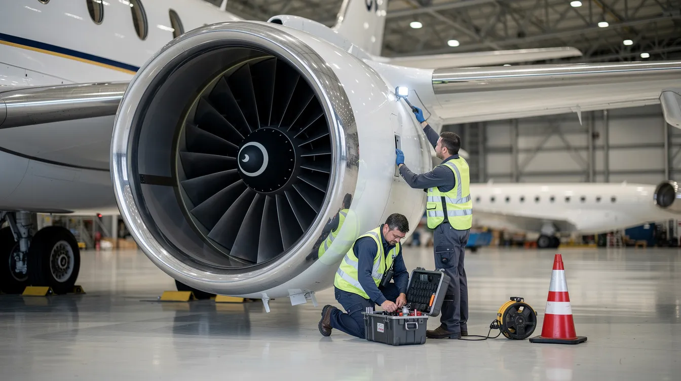 The image features a close-up view of a private jet engine, with ground crew members diligently performing maintenance on the hangar floor. This scene highlights the meticulous care involved in private jet charter services, ensuring safety and efficiency for luxurious private jet travel.