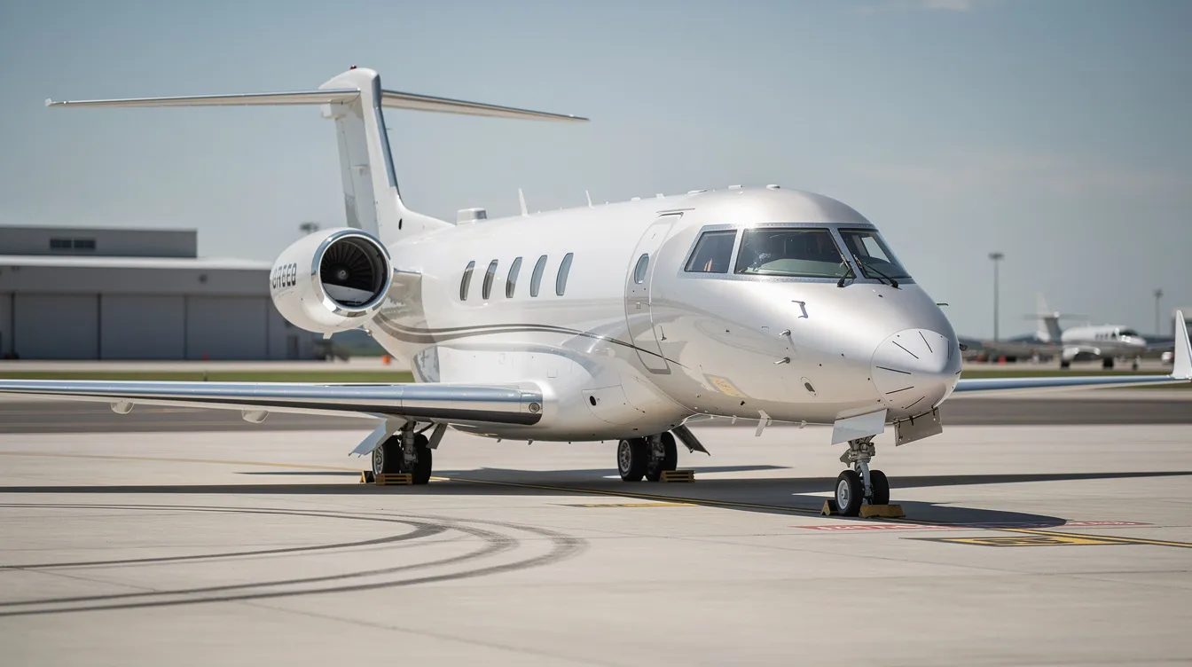 A midsize business jet is parked on a private aviation tarmac under a clear blue sky, showcasing the elegance of private jet ownership. The scene highlights the operational efficiency and allure of owning a private jet, essential for business travel.