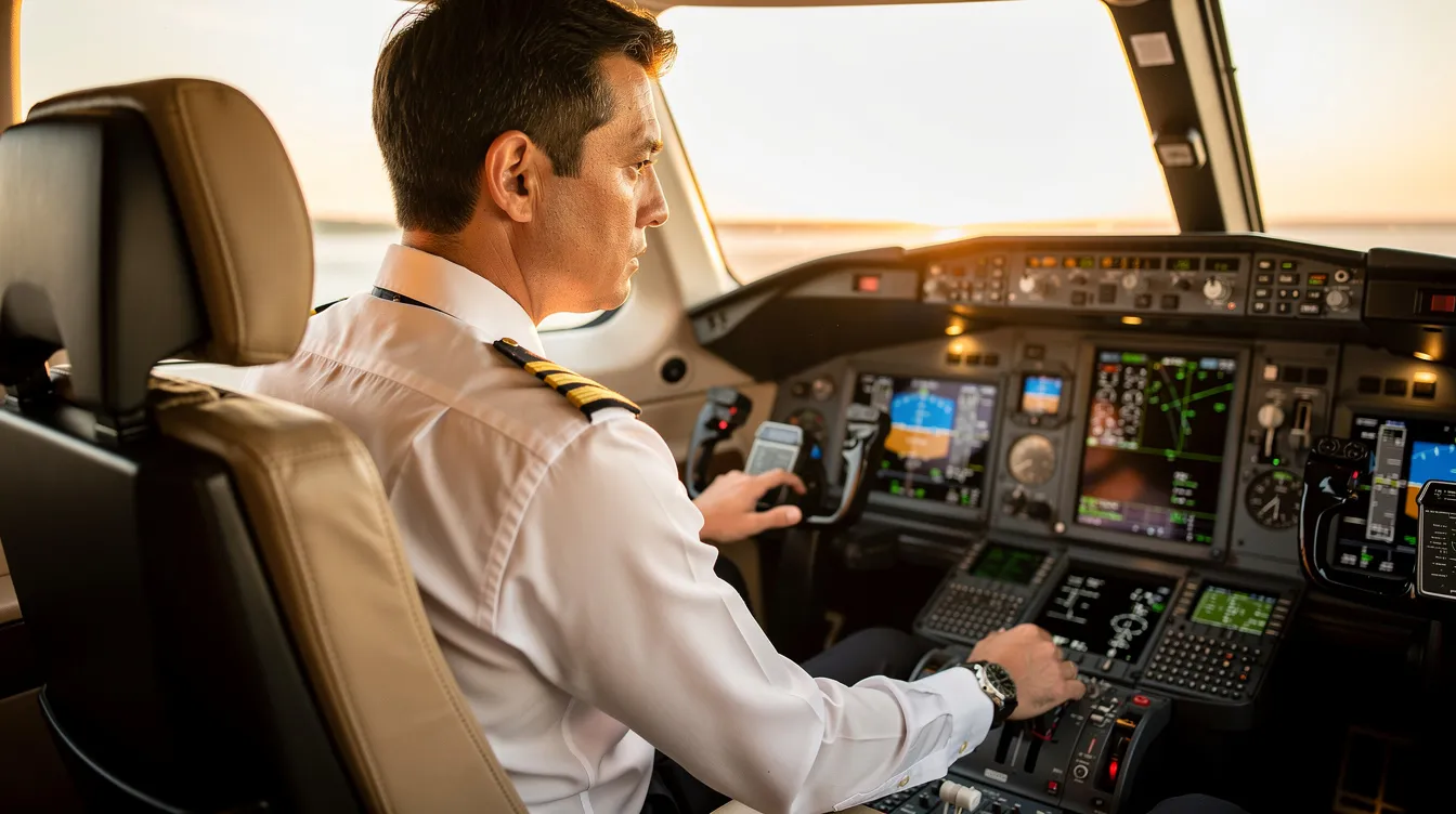 A professional pilot is seen conducting preflight checks inside the cockpit of a private jet, ensuring all systems are operational before takeoff. This meticulous process is crucial for maintaining safety and efficiency in private aviation, reflecting the significant ongoing costs associated with owning and operating a private jet.