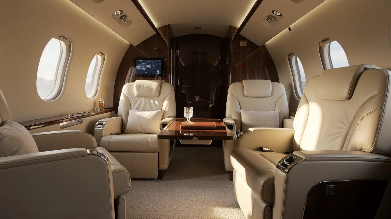The image showcases a luxurious private jet cabin interior, featuring plush leather seats bathed in natural light from large windows, emphasizing the elegance and comfort associated with private aviation. This setting highlights the appeal of owning a private jet, where aesthetics and functionality meet, reflecting the significant investment in aircraft ownership.
