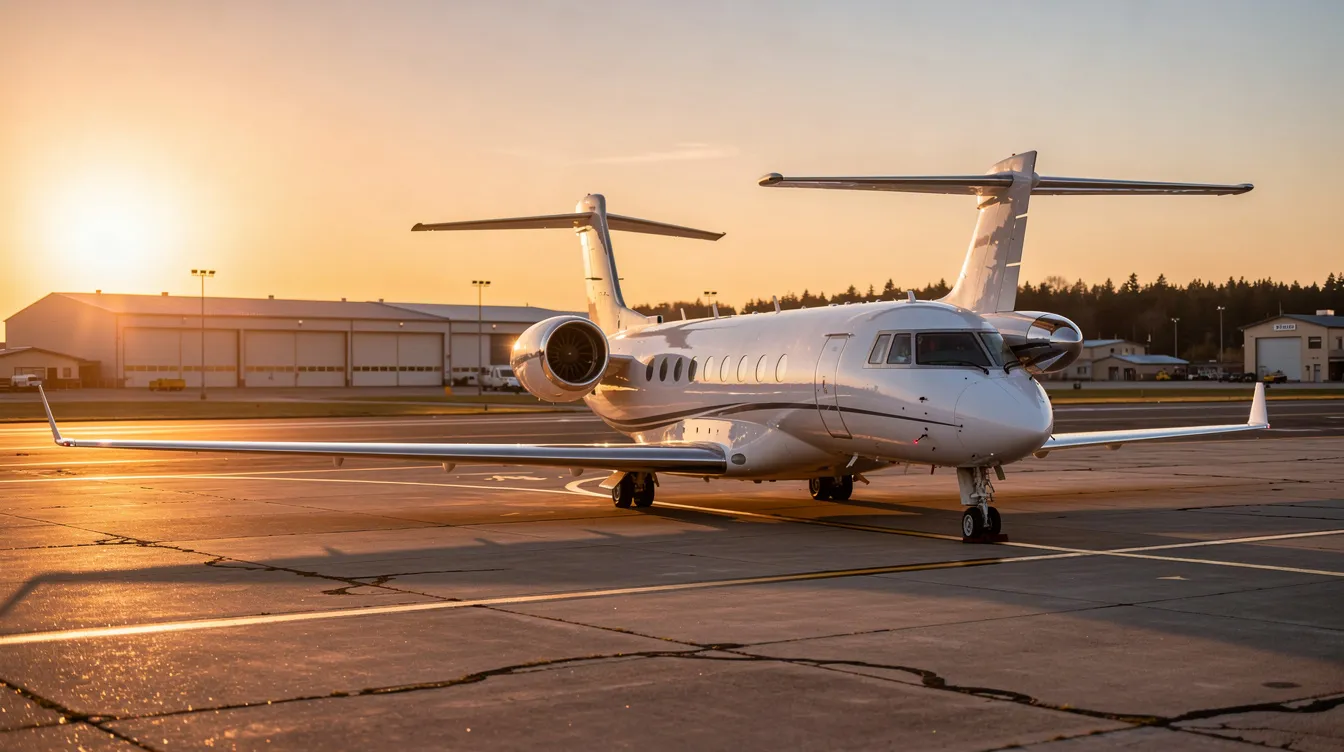 A sleek midsize private jet is parked on the tarmac at a small regional airport, bathed in the warm glow of golden hour. The image captures the essence of private aviation, showcasing the luxurious design and elegance of private jet travel.