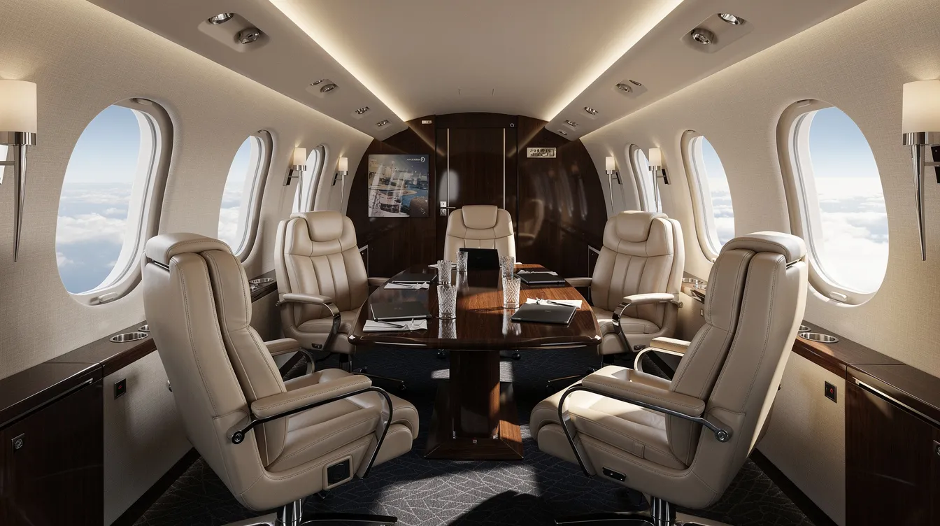 The image depicts the interior of a luxurious private jet cabin, featuring plush leather seats arranged around a conference table, perfect for private jet travel or business meetings. The elegant design and spacious layout highlight the comfort and sophistication associated with private jet charters.