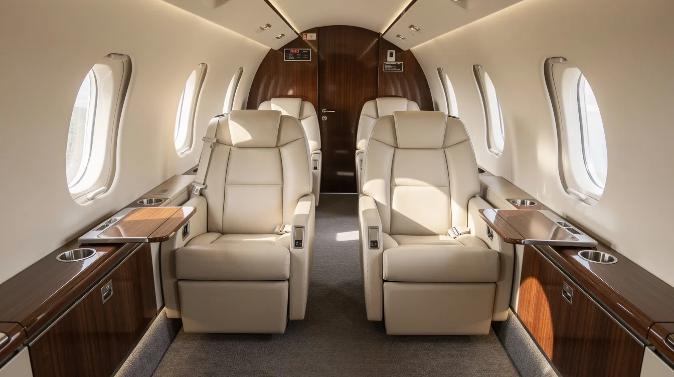 The interior of a light jet cabin features comfortable leather seats arranged in a club seating configuration, allowing for a cozy atmosphere ideal for family travel. Natural light streams through oval windows, enhancing the roomy cabin experience for passengers on their flight plan.
