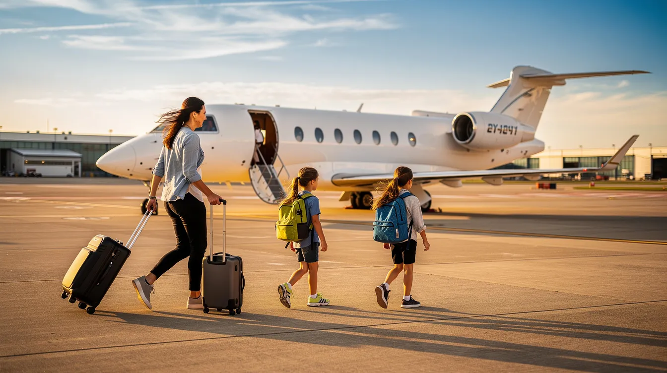 A family of four walks across a sunlit airport tarmac, pulling their luggage toward a parked light jet, ideal for family travel. This private jet, known for its exceptional fuel efficiency and spacious interior, is perfect for their upcoming family vacation.