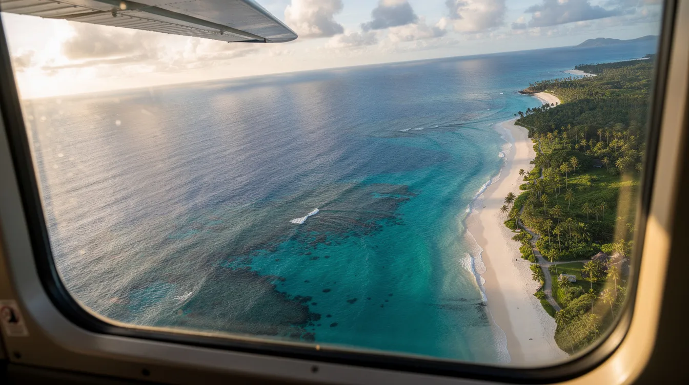 An aerial view from the window of a small aircraft showcases a stunning tropical coastline with vibrant turquoise waters, ideal for a family vacation. The image highlights the beauty of private aviation, emphasizing the freedom and efficiency of flying to picturesque destinations.
