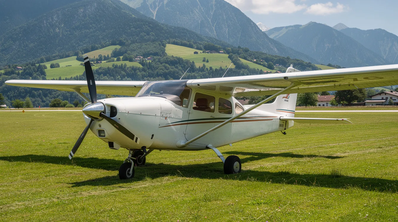 A single-engine piston aircraft is parked on a grassy airstrip, with lush green mountains rising majestically in the background. This small aircraft, ideal for family travel, showcases its efficient performance and modern design, making it a great option for family vacations and cross-country trips.