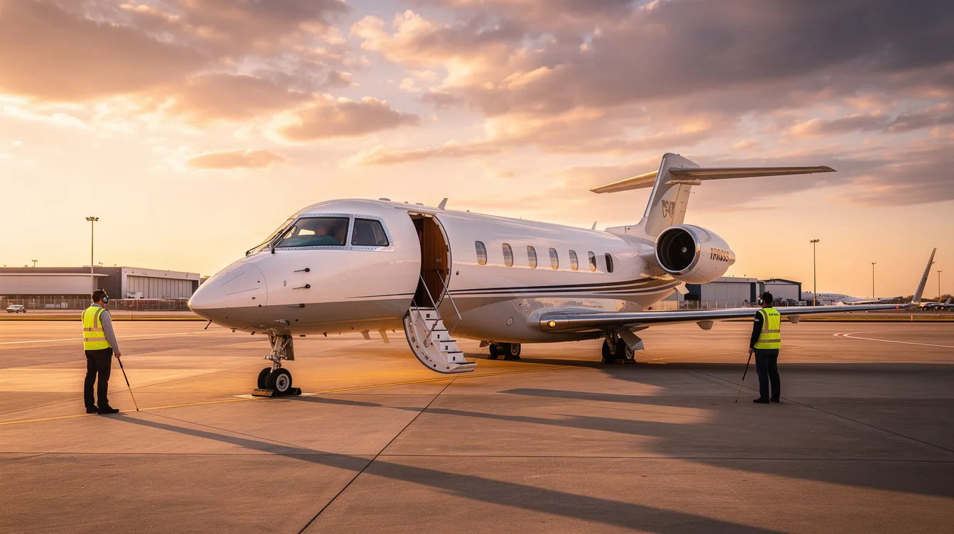 A sleek private jet is parked on the tarmac during the golden hour, with ground crew members nearby preparing for the next private jet charter flight. The scene highlights the luxury of private aviation, showcasing the aircraft's elegant design and the professional support that enhances the flying experience.