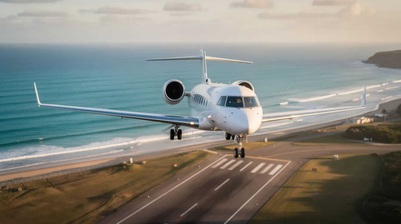 A private jet is seen approaching for landing at a coastal airport, with a stunning view of the ocean in the background. This image captures the essence of private jet travel, highlighting the luxury and convenience of charter flights as it prepares to touch down.