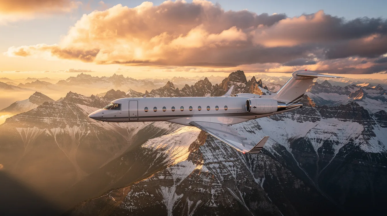 A sleek private jet soars gracefully above stunning snow-capped mountain peaks, illuminated by the warm glow of golden hour. This luxurious private aircraft epitomizes the elegance of private jet travel, offering an exclusive escape into the breathtaking wilderness.