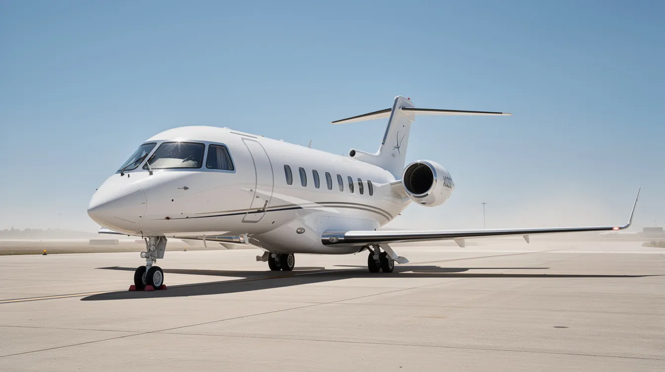 A sleek light jet is parked on a tarmac, with a clear blue sky in the background, highlighting the elegance of private jet travel. This image captures the essence of luxury and convenience associated with private jet charter services.