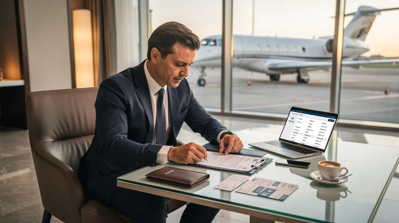 A business executive is seated at a desk in a private aviation terminal, meticulously reviewing travel documents related to a private jet charter. The setting conveys a sense of luxury and professionalism, highlighting the importance of private jet travel for business and leisure.