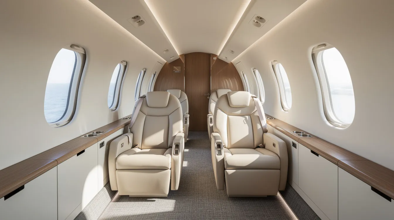 The image depicts the interior of a midsize private jet cabin, featuring plush leather seats and ample natural light streaming through large windows, creating a luxurious and inviting atmosphere for passengers. This private jet travel experience offers unparalleled convenience and comfort, ideal for both business and leisure journeys.