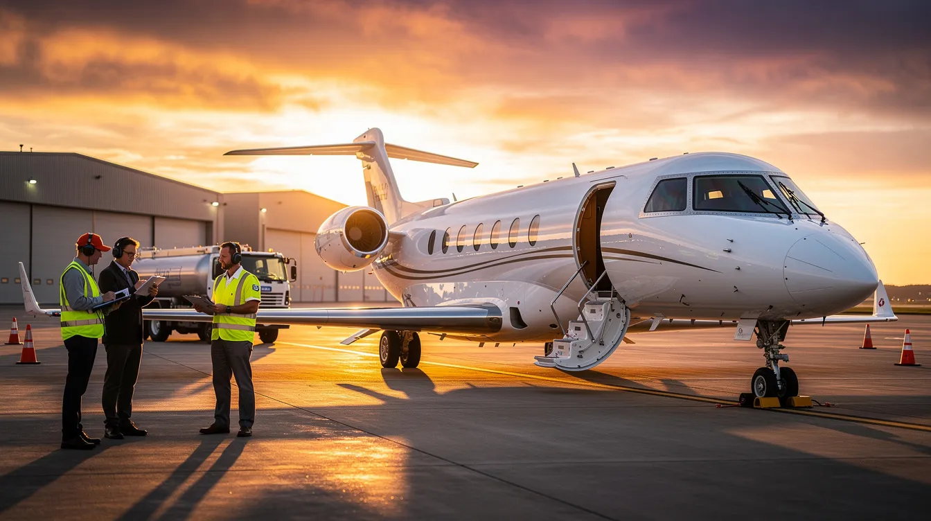 A sleek light jet is parked on a private airport tarmac at sunset, with ground crew members nearby preparing for the next flight. This scene captures the essence of luxury private jet travel, highlighting the convenience and premium experience offered by private jet charter services.