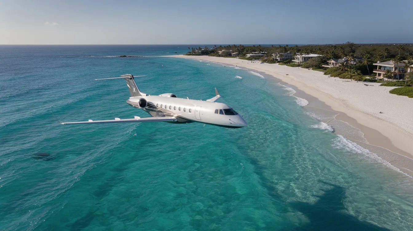 An aerial view captures a sleek private jet soaring over a stunning turquoise coastline, showcasing the luxury and convenience of private jet travel. This image highlights the seamless flying experience and the breathtaking destinations accessible through private jet charter services.