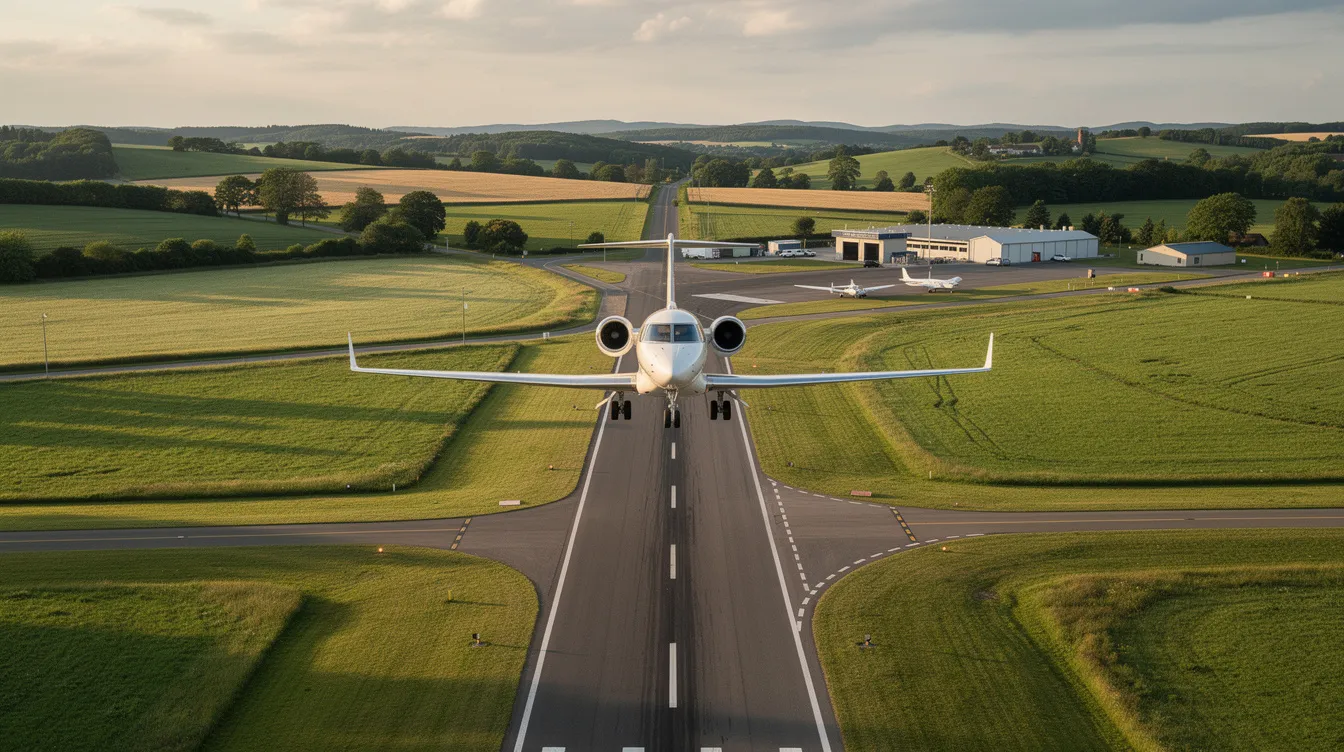 A midsize business jet, specifically a Cessna Citation Latitude, is approaching a small regional airport runway, surrounded by lush green landscapes. The aircraft features advanced Garmin G5000 avionics and a spacious cabin designed for maximum comfort, showcasing its efficient flight capabilities and long-range performance.