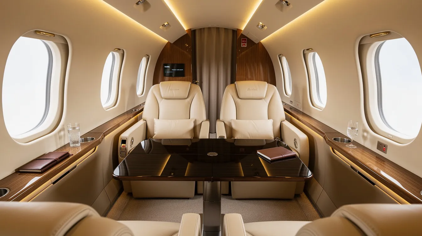 The image shows the interior of a private jet cabin featuring cream leather seats arranged in a club configuration, complemented by warm lighting that creates a refined space. This spacious cabin, typical of a Cessna Citation Latitude, offers maximum comfort for long trips, making it an excellent choice for business travel.