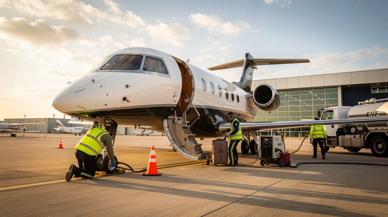 A private jet is parked on a tarmac at a Fixed Base Operator (FBO), where ground crew members are conducting thorough preflight preparations, including routine maintenance checks and fueling the aircraft. The scene reflects the operational costs associated with aircraft ownership, showcasing the meticulous care required for private aviation.
