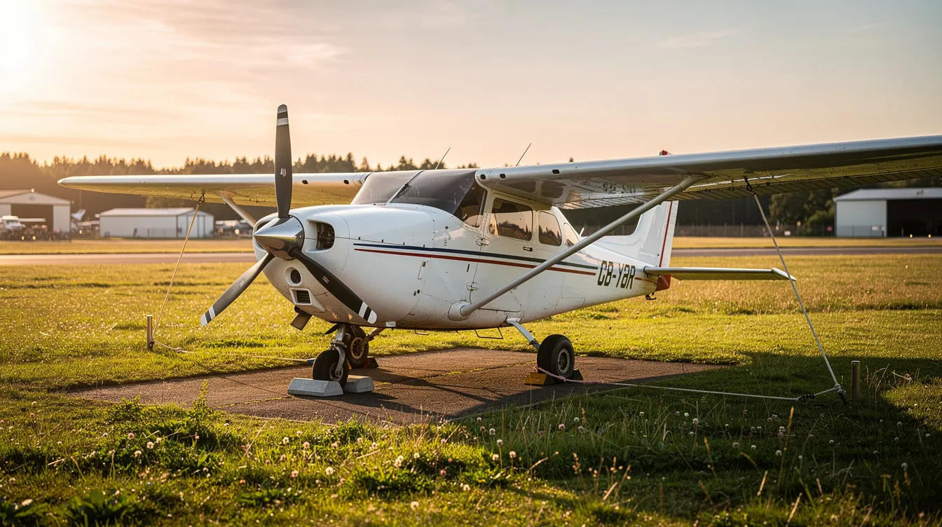 A small single-engine propeller airplane is parked on a grassy tie-down area at a rural airport during the golden hour, casting a warm glow on its sleek body. This scene captures the essence of aircraft ownership and the joy of personal recreation in flying.