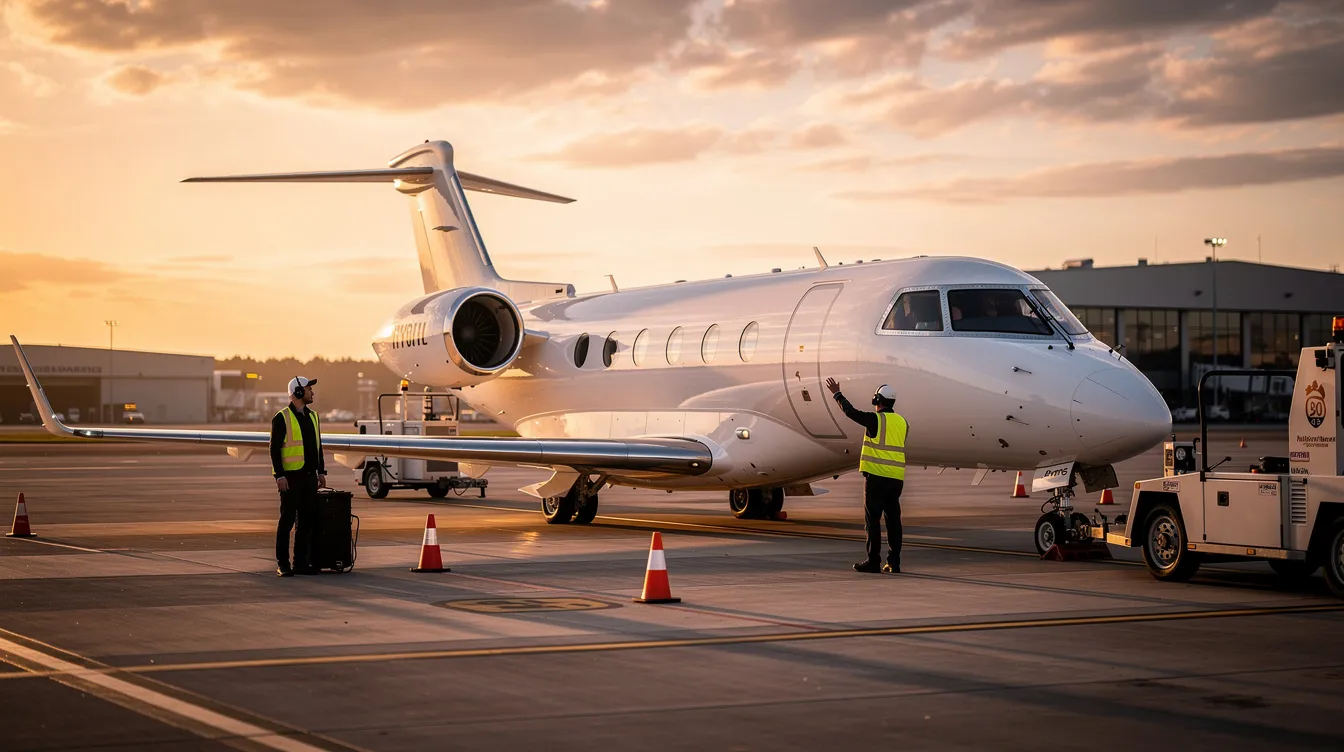 A sleek private jet is parked on an airport tarmac during golden hour, with the warm glow of the sunset illuminating its polished exterior. Nearby, ground crew members are engaged in operational procedures, ensuring compliance with federal aviation regulations as they prepare for charter flights.