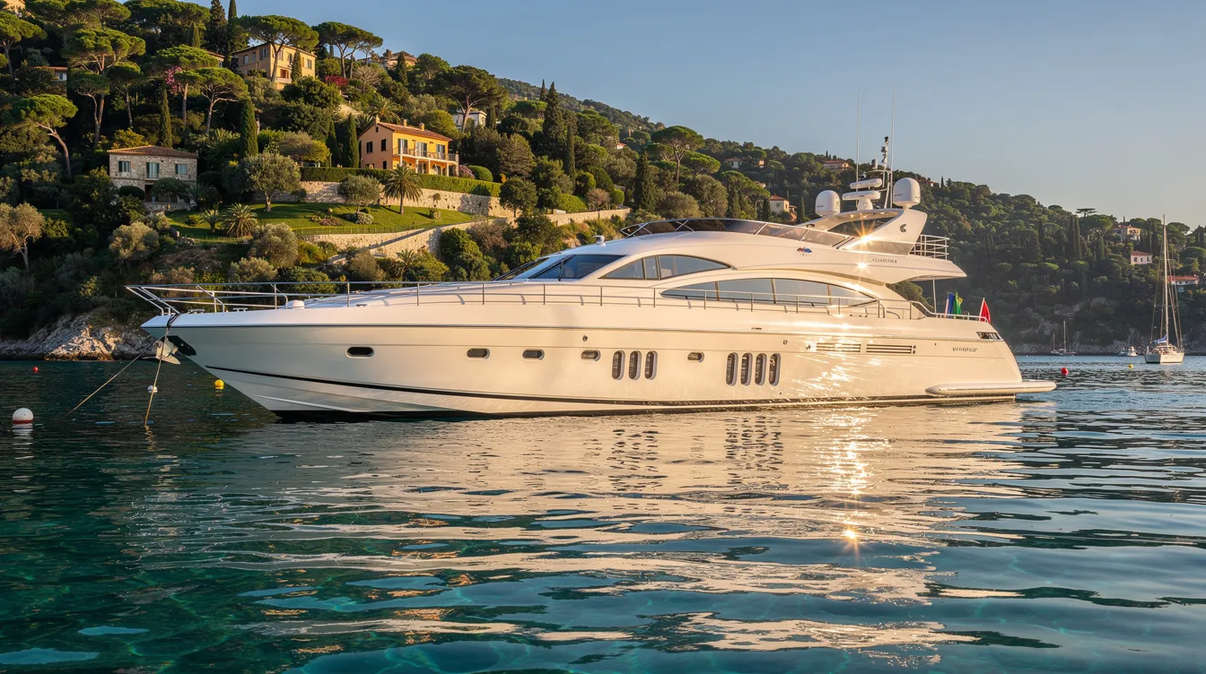 A luxury yacht is anchored in a serene harbor, surrounded by lush green hills and the clear blue waters of the Mediterranean Sea. This picturesque scene captures the essence of the French Riviera, a prime destination for luxury travelers.