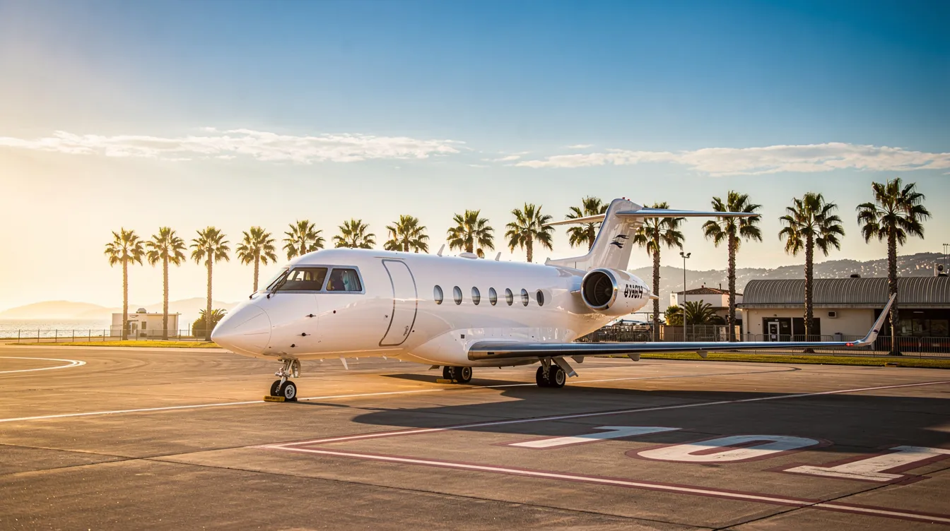 A sleek private jet is parked on the tarmac at Nice Côte d'Azur Airport, surrounded by lush palm trees, embodying the luxury of private aviation in the heart of the French Riviera. This scene captures the essence of upscale travel, perfect for luxury travelers heading to southern France.