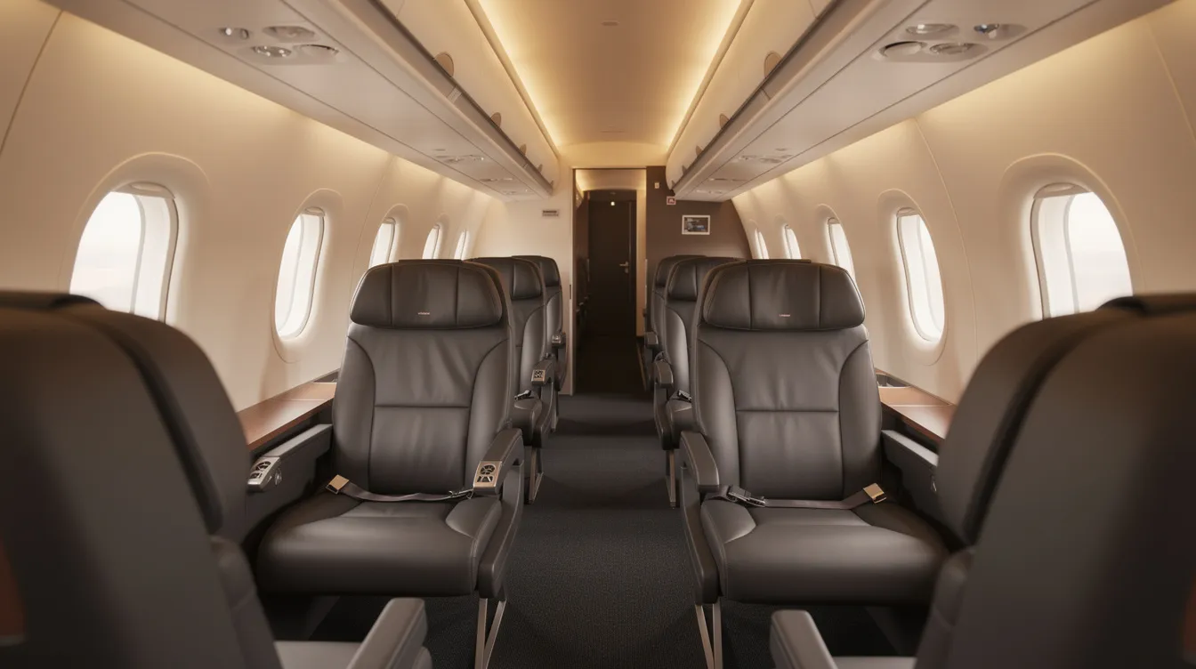 The image depicts the interior of a regional jet featuring business-class style leather seats arranged in a comfortable 2-2 configuration, illuminated by warm lighting, creating an inviting atmosphere for passengers. This spacious cabin is designed for private jet travel, offering a premium experience in commercial aviation.