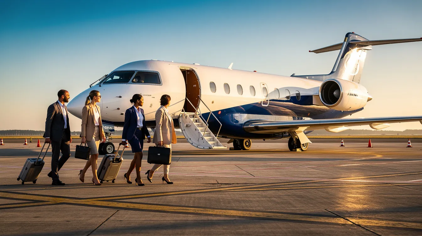A group of professionals is walking across a tarmac toward a regional jet, with air stairs deployed, under a clear blue sky. The scene highlights the convenience of private aviation as they prepare to board the business aircraft for their journey.