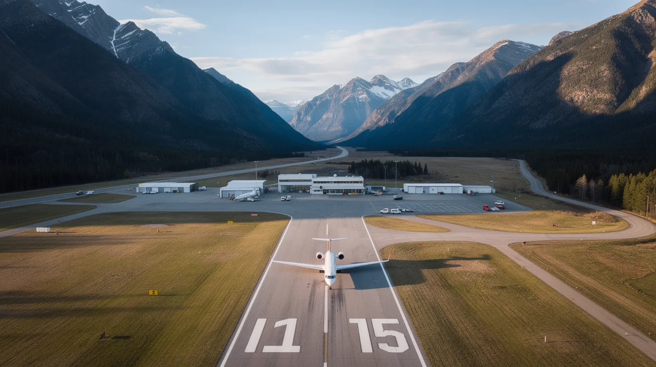 An aerial view showcases a small regional airport nestled among mountains, featuring a single private jet on the runway, indicative of private aviation activity. The scene highlights the tranquil setting of the airport, ideal for business trips and private jet travel.