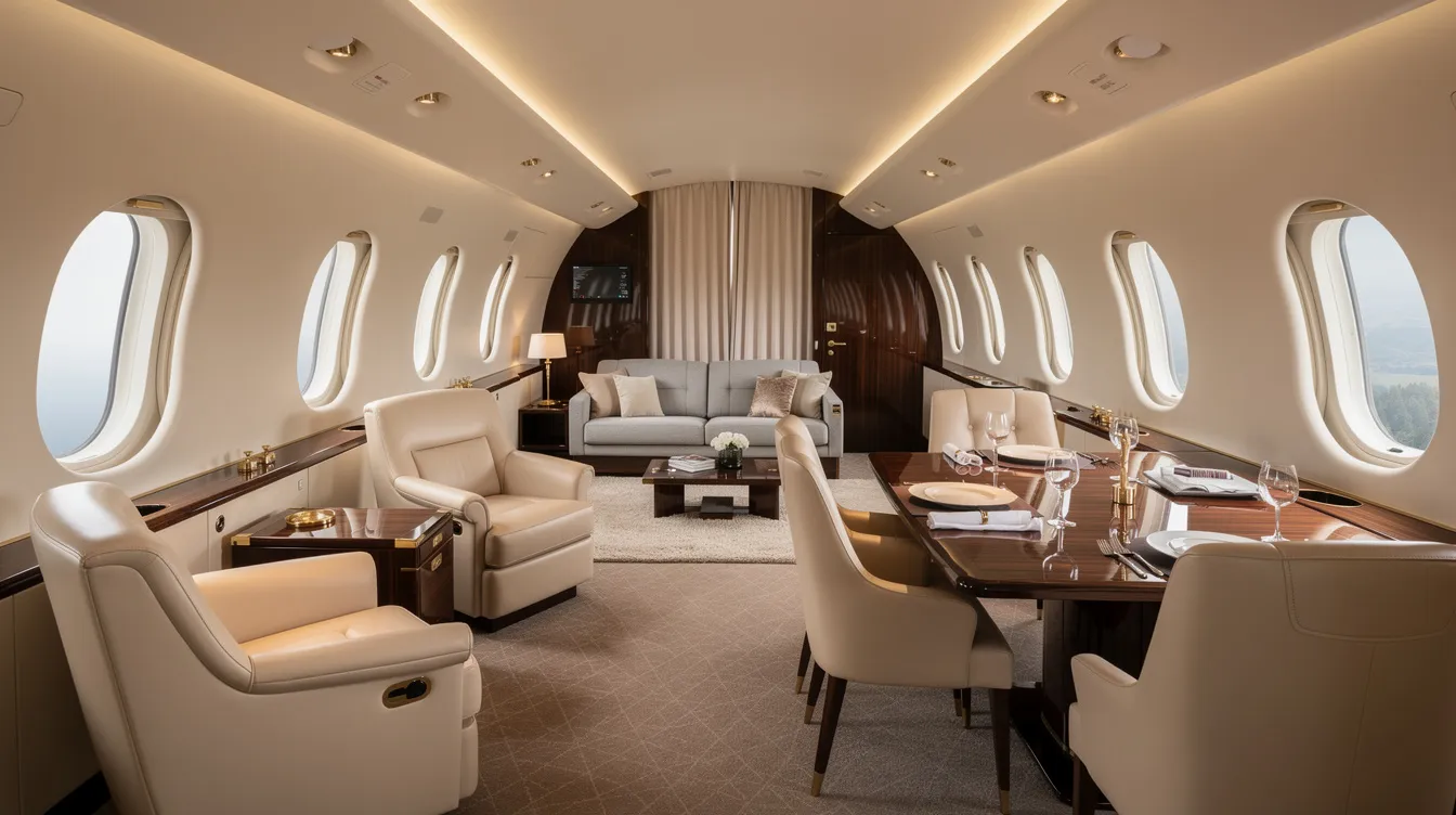 The image depicts the interior of a spacious private jet cabin, featuring multiple seating areas and a luxurious dining table designed for business travelers. This elegant environment showcases the advanced technology and comfort associated with ultra long range jets, making it ideal for long range private travel.