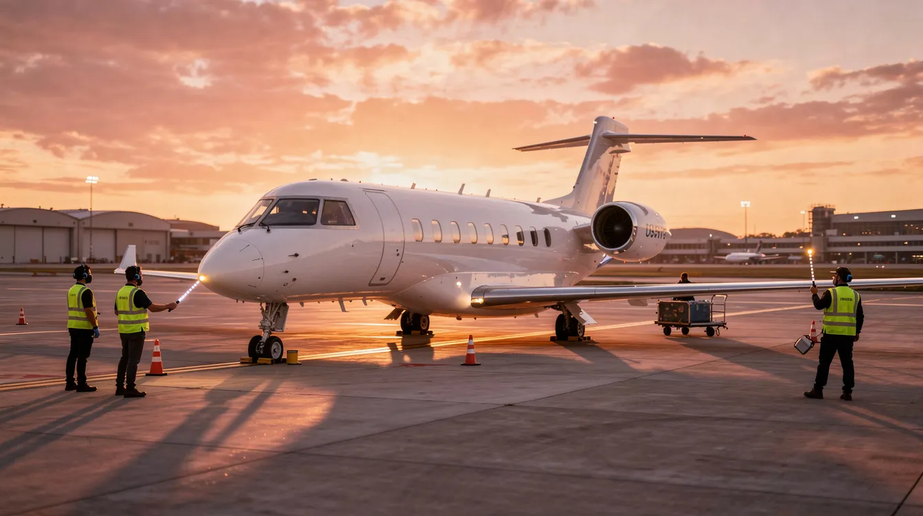 A sleek private jet is parked on the tarmac at sunset, casting a warm glow on the scene, while ground crew members prepare for departure. This ultra long range jet represents the pinnacle of private aviation, offering advanced technology and luxurious amenities for business travelers.