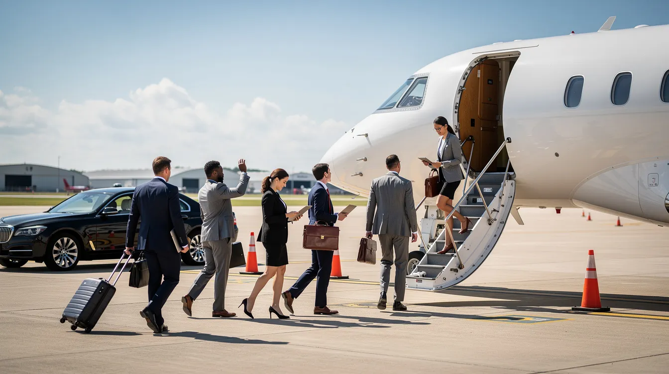 A group of business professionals is boarding a large private jet on a sunny day, ready for their international flight. The aircraft features a spacious three-zone cabin, luxurious amenities, and advanced technology, perfect for both business and leisure travel.