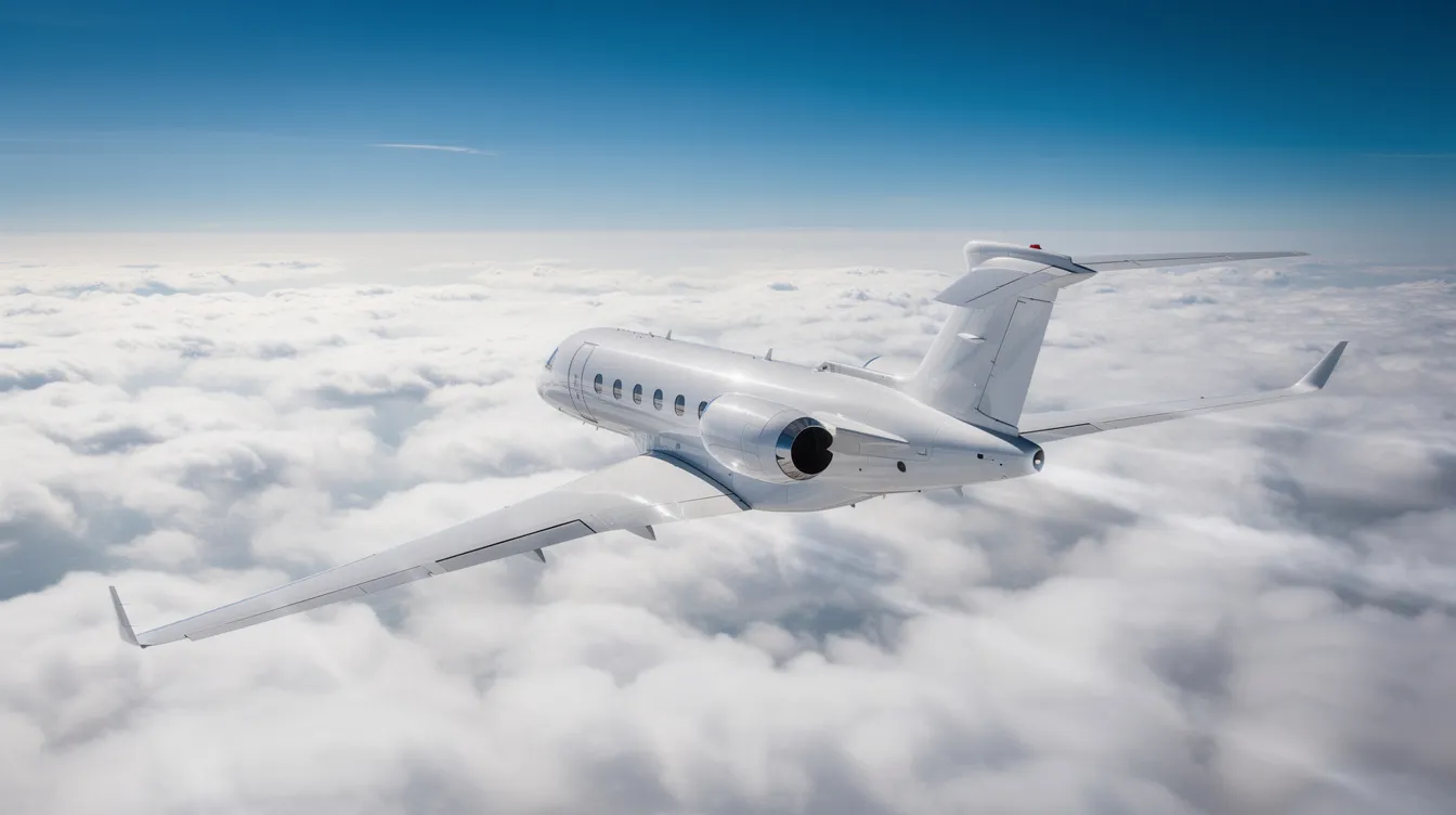 A sleek private jet soars above a blanket of fluffy white clouds against a vibrant blue sky, showcasing the ideal aircraft for business and leisure travel. This luxurious midsize aircraft offers exceptional performance and long range capabilities, making it perfect for international flights and long journeys.