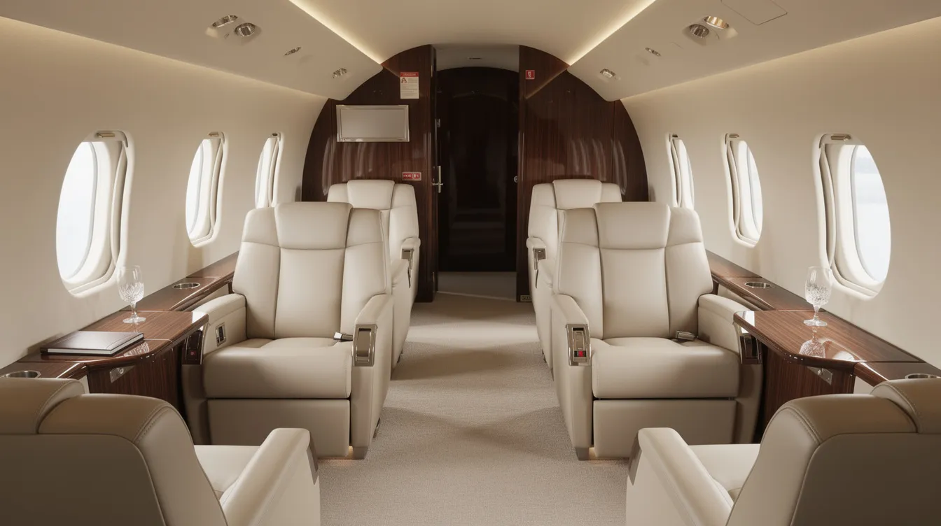 The image depicts the interior of a spacious private jet cabin featuring cream leather club seats and elegant wood paneling, designed for both business and leisure travel. This luxurious setting offers ample space and modern technology, making it ideal for long-haul flights and international travel.