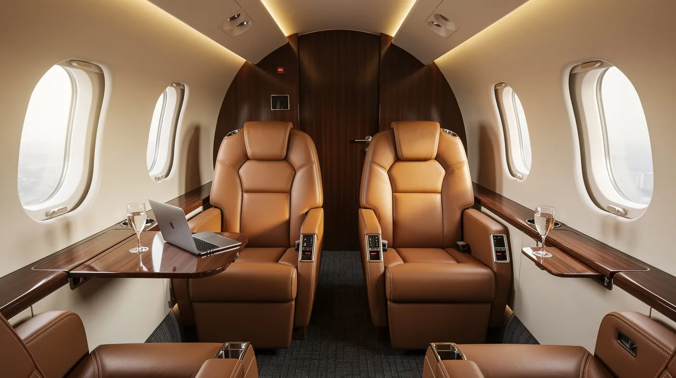 The image depicts the luxurious interior of a sleek midsize business jet, featuring plush leather club seating arranged for up to eight passengers, with pull-out tables and warm LED lighting creating a cozy atmosphere perfect for private travel. This spacious cabin design emphasizes comfort and style, ideal for both business trips and family ski trips.