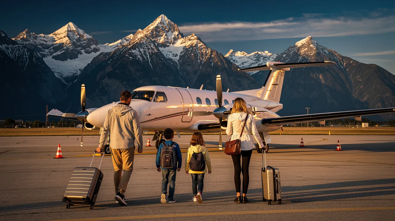 A family is walking towards a private turboprop aircraft at a small mountain airport on a clear day, carrying luggage for their upcoming ski trip. The aircraft, designed for up to eight passengers, is ready for takeoff, showcasing the convenience of private aviation.