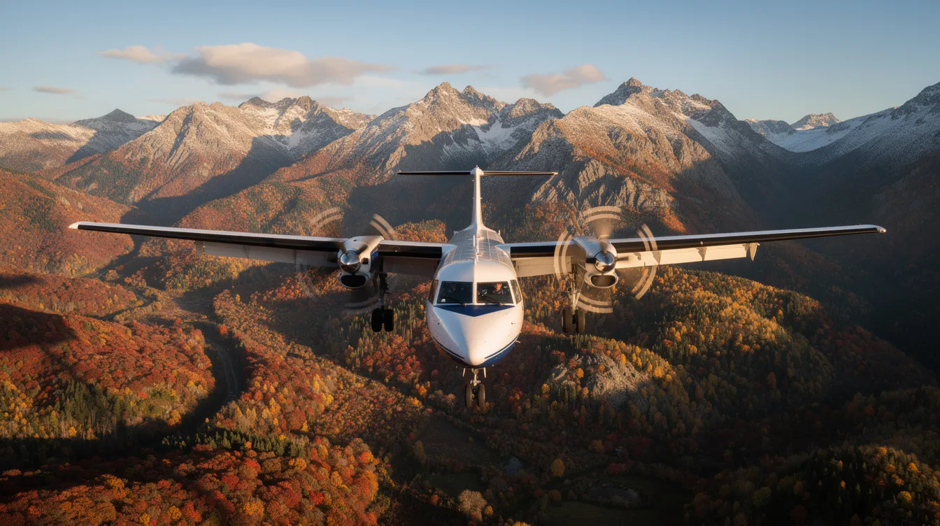 A twin-engine turboprop aircraft, resembling a Beechcraft King Air, soars over a mountainous landscape adorned with vibrant autumn foliage below, indicating a scenic flight that could be perfect for a family ski trip. The plane's spacious cabin is designed for up to eight passengers, showcasing the efficiency and comfort of private aviation.