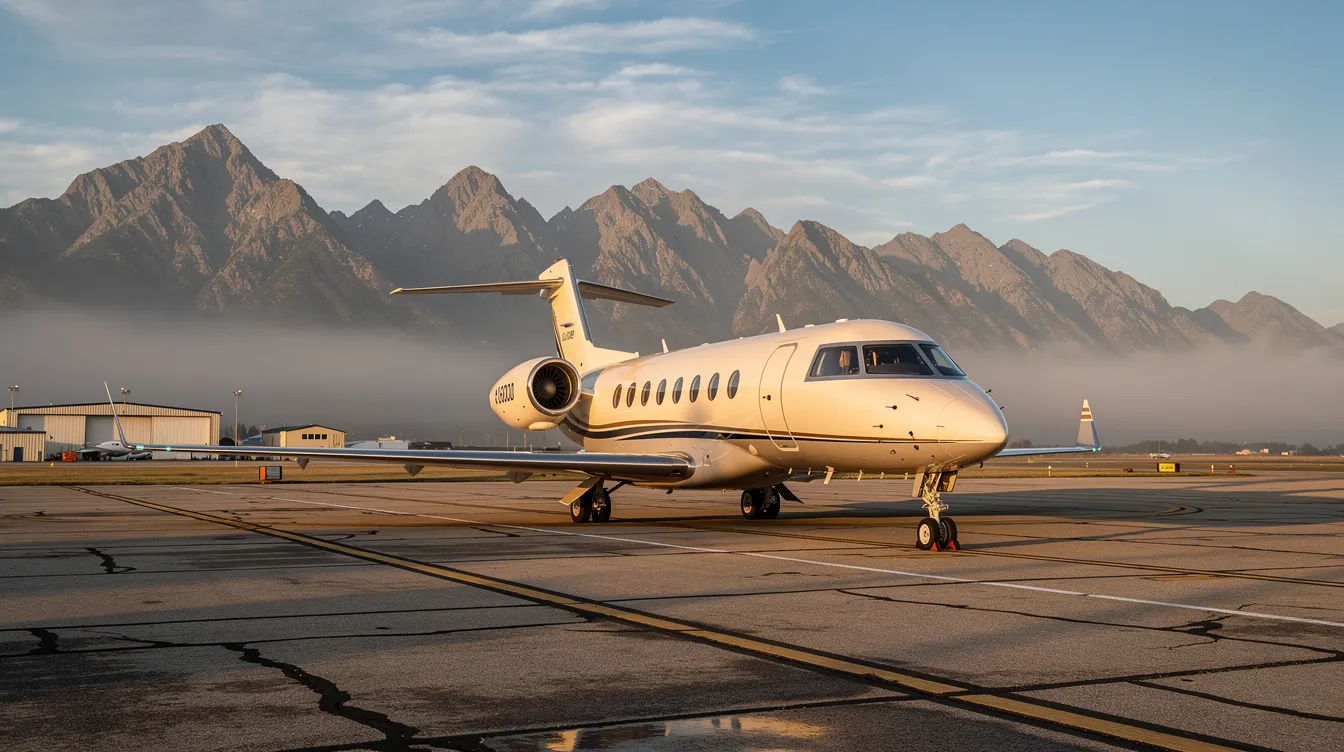 A large Gulfstream G550 private jet is parked on a tarmac at a regional airport, with majestic mountains in the background. This aircraft offers ample room and luxurious cabins, making it ideal for business executives and international travel.