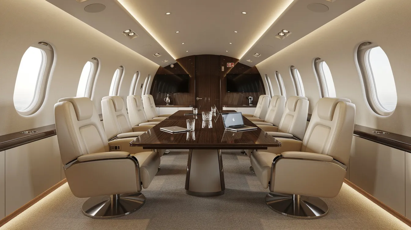 The image depicts the interior of a spacious private jet cabin, featuring luxurious leather seats arranged in a conference layout under soft lighting, ideal for business meetings. This expansive cabin offers ample room for passengers, ensuring maximum comfort during international flights.