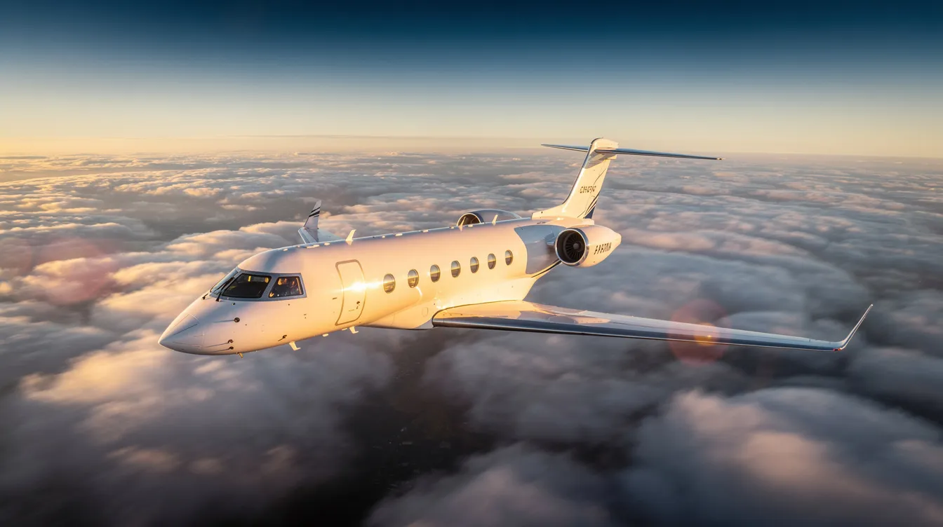 A Gulfstream business jet soars above a sea of fluffy clouds, with sunlight glinting off its sleek fuselage. This private jet, known for its spacious three-zone cabin and exceptional range capabilities, offers the ultimate luxury and comfort for business executives during their flights.