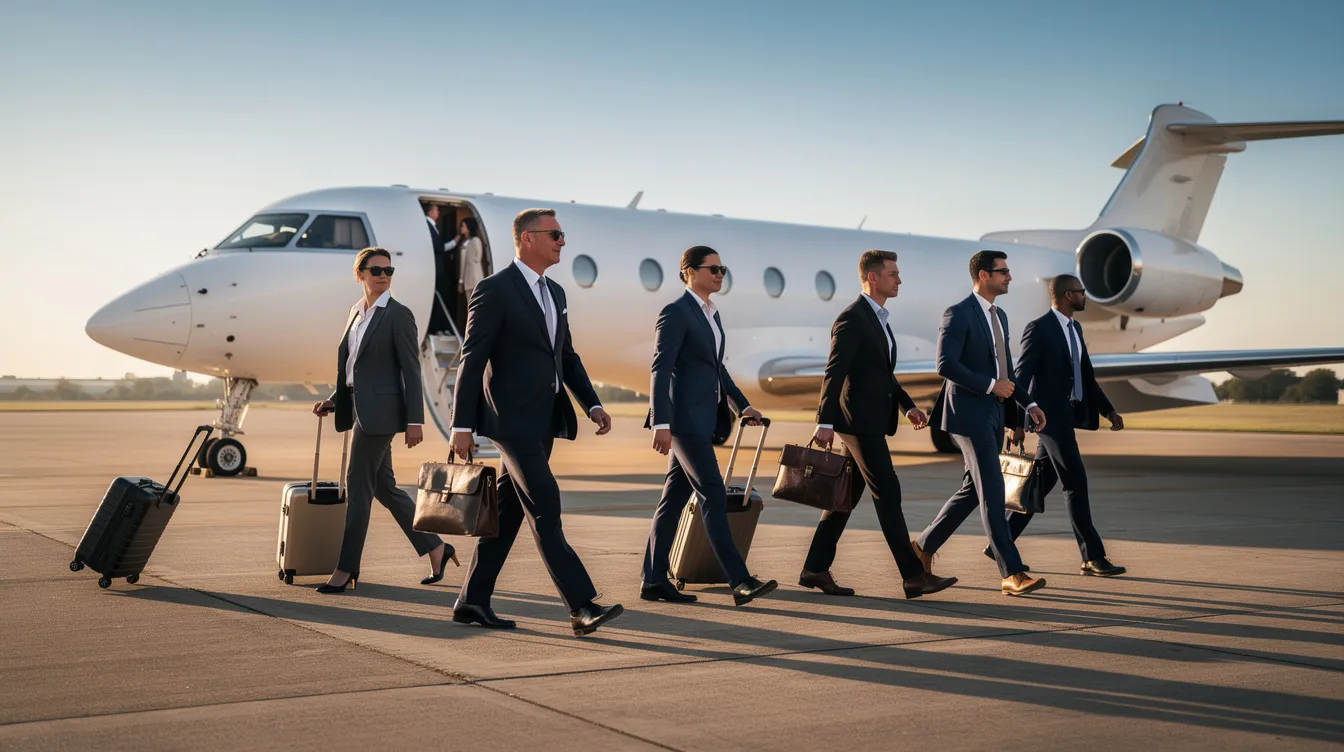 A group of business executives in tailored suits walks across a tarmac toward a luxurious white private jet on a clear day, showcasing the elegance of private aviation. This scene highlights the allure of business jets, emphasizing the convenience and efficiency of accessing smaller airports for corporate travelers.