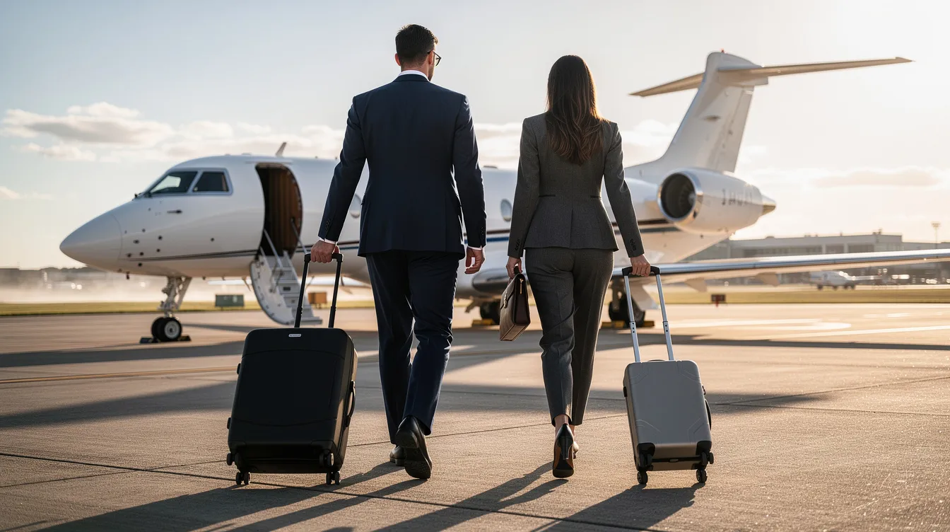 Two business professionals are walking towards a private jet on a runway, carrying luggage, ready to embark a private travel experience. This scene captures the essence of private jet services, showcasing the convenience and reliability of on-demand charter options in the world of private aviation.