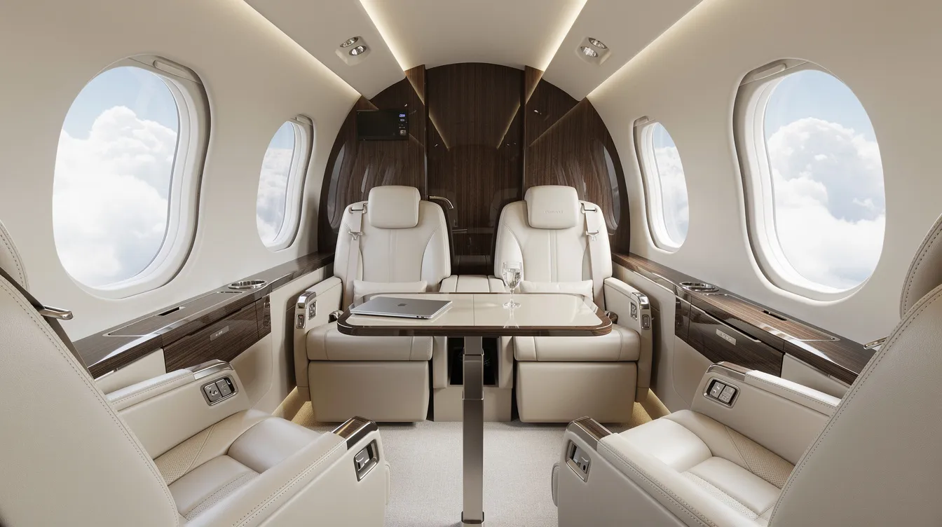 The image depicts the interior of a modern private jet cabin, featuring plush leather seats and large windows that reveal a view of fluffy clouds outside. This luxurious space exemplifies the comfort and exclusivity of private jet services, perfect for travelers seeking customizable private charter options.