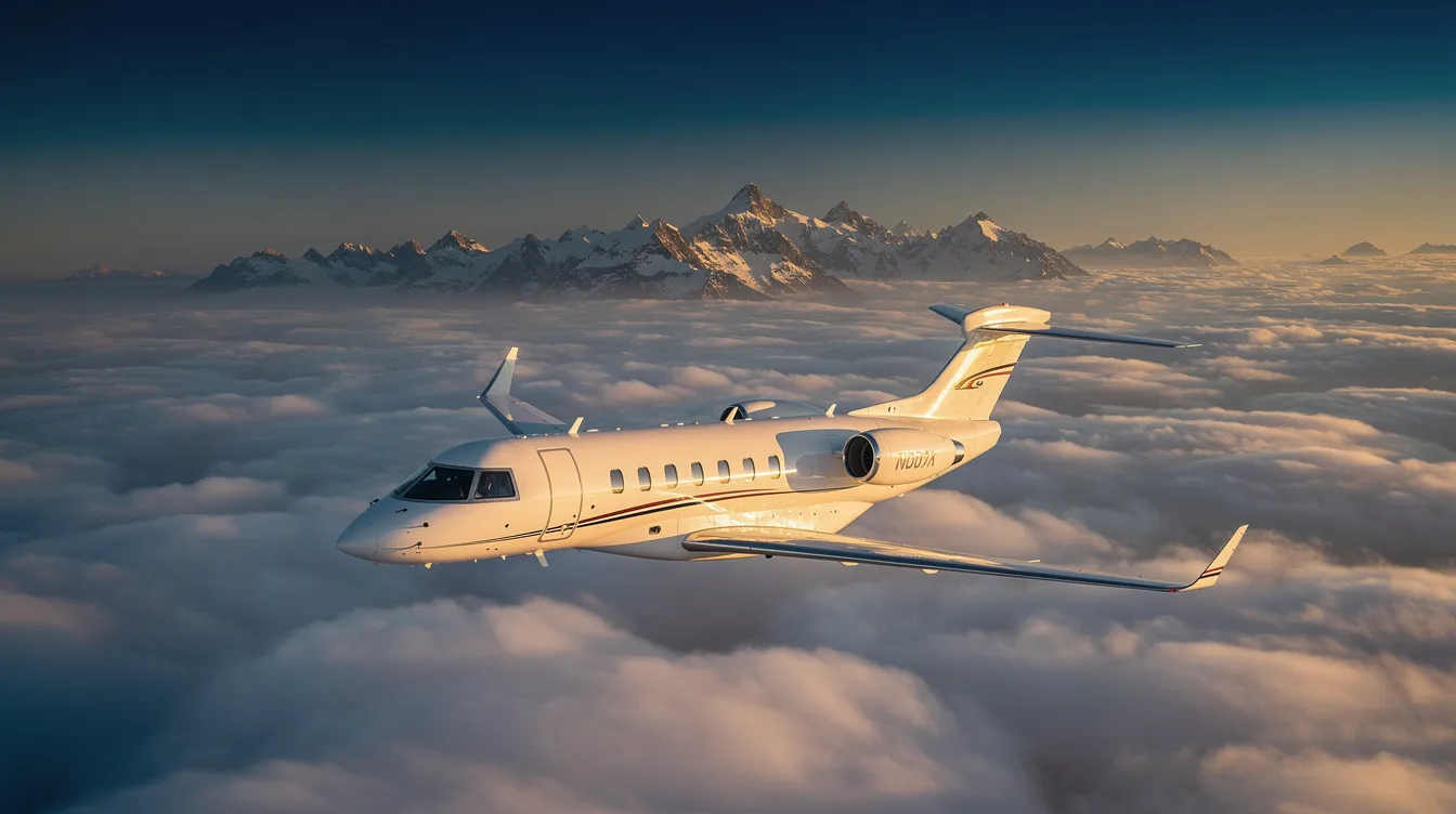 A small white Cirrus Vision Jet flies smoothly above a layer of fluffy clouds, with majestic mountain peaks visible in the distance. The aircraft, known for its advanced safety features and spacious cabin, represents the epitome of personal aviation and light jet travel.