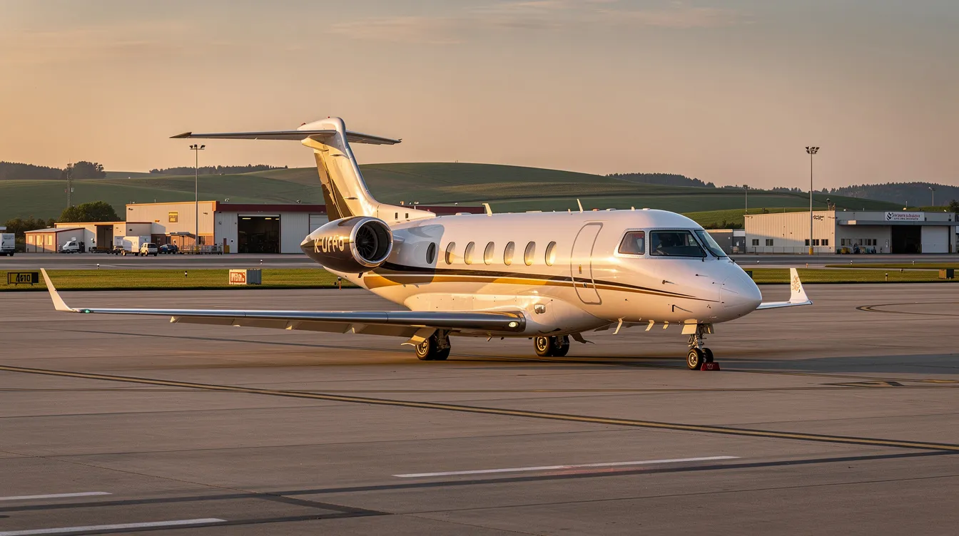 A sleek Cirrus Vision Jet is parked on the tarmac of a regional airport during the golden hour, with lush green hills visible in the background. The aircraft features a modern design and is known for its advanced safety features and spacious cabin, making it an ideal choice for personal aviation.